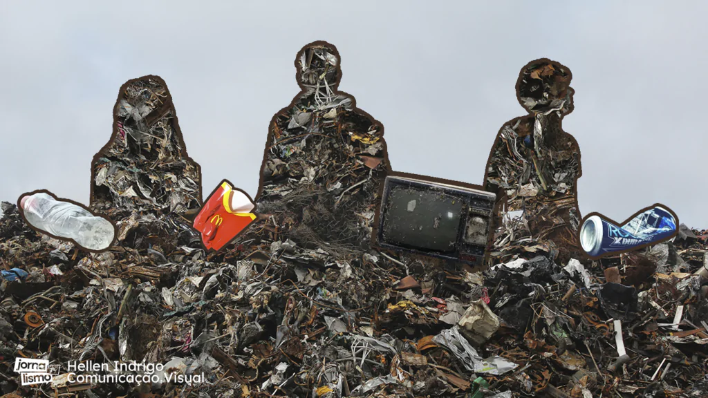 Em meio a uma montanha de lixo, silhuetas de pessoas são preenchidas por esse entulho.
