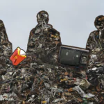 Em meio a uma montanha de lixo, silhuetas de pessoas são preenchidas por esse entulho.