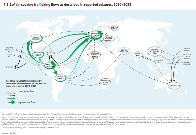 a tabela mostra o fluxo de tráfico de cocaína no mundo