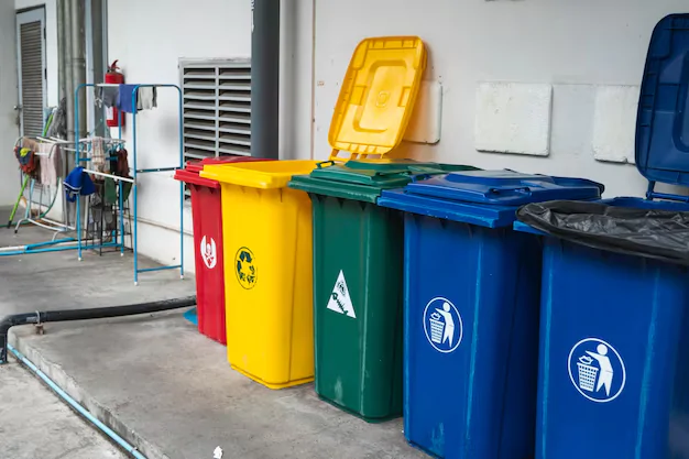 Latas de lixo padronizadas com as cores da coleta seletiva