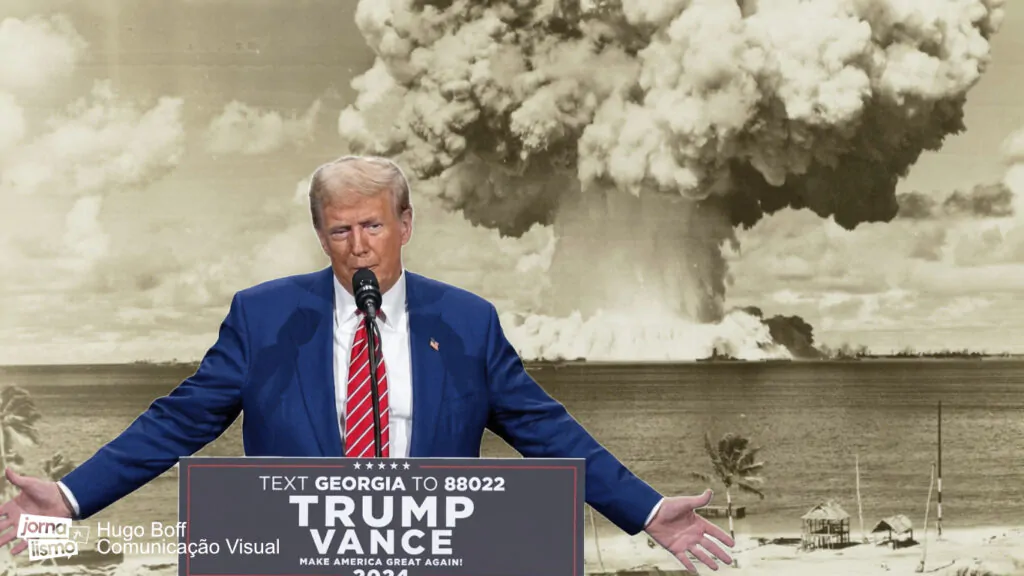 Na imagem, o presidente dos Estados Unidos, Donald Trump (à direita) explosão de uma bomba nuclear atrás