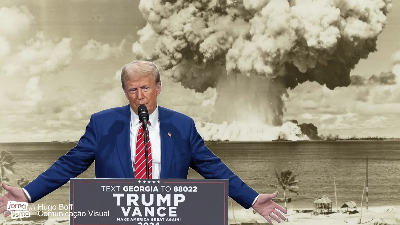 Na imagem, o presidente dos Estados Unidos, Donald Trump (à direita) explosão de uma bomba nuclear atrás