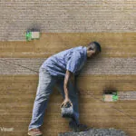 Homem jogando biocarvão em uma plantação.