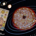 Ao fundo, um planeta no espaço. Em sua órbita, signos da astrologia. À esquerda, uma carta de tarô.