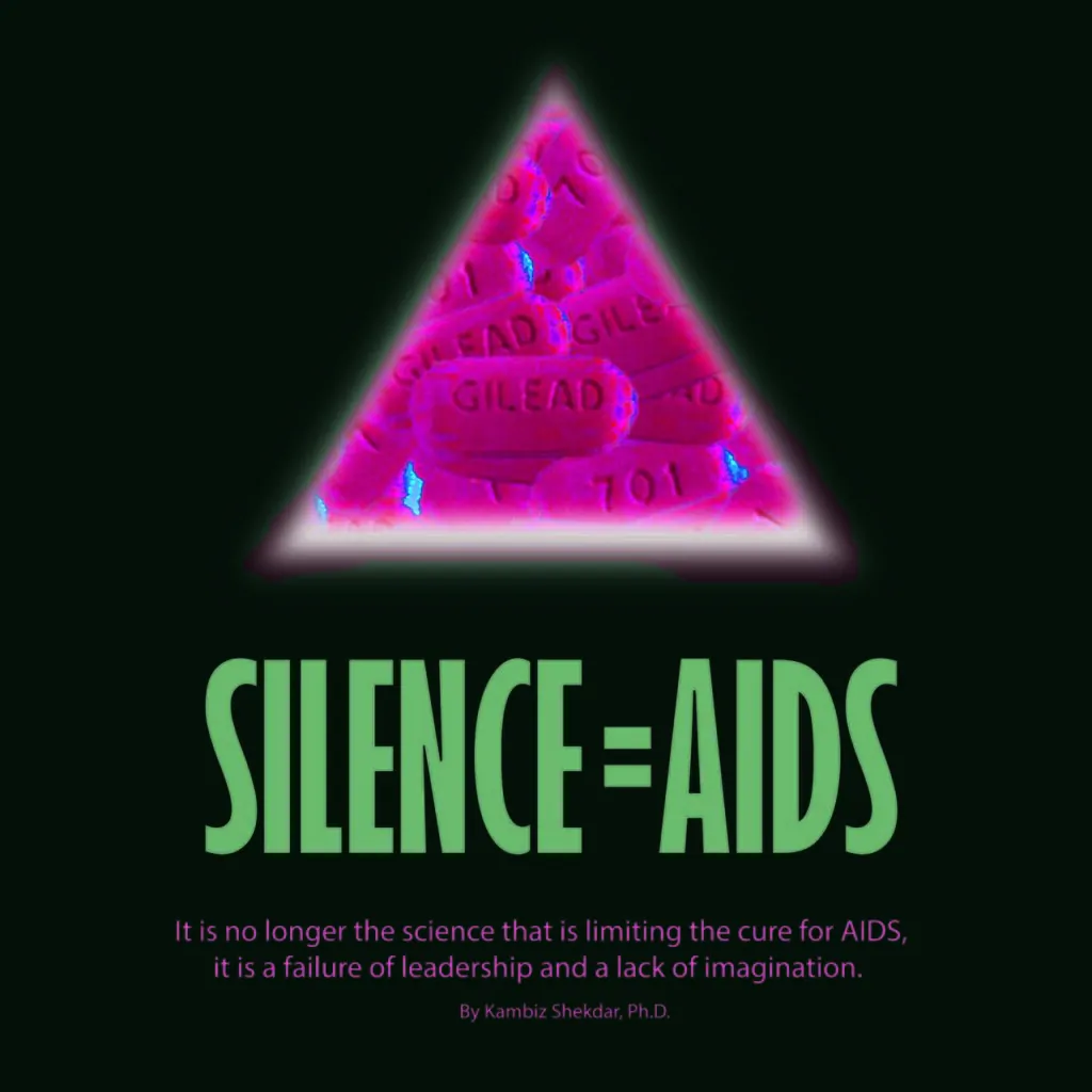 Triângulo rosa com a legenda "silêncio igual a AIDS", em tradução livre