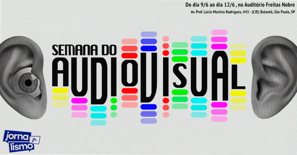 Arte para divulgação de evento com olhos e orelhas em preto e branco
