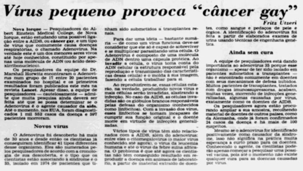 Página de jornal sobre vírus do HIV provocar câncer