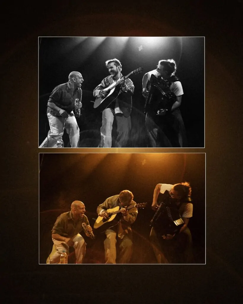 montagem de duas diferentes fotosque mostra o cantor gaúcho com membros da banda. todos aparentam alegria