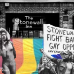A imagem é uma fotomontagem mostra imagens de lidranças LGBTQIAPN+ durante a revolta de Stonewall, a bandeira LGBT e a faixada do bar