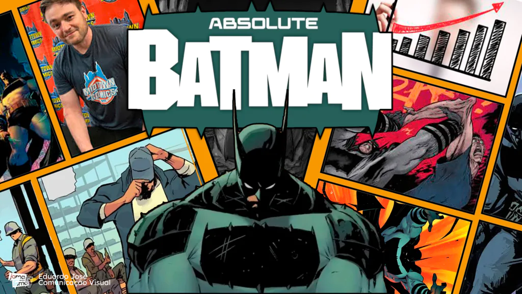 Colagem que remete ao universo de quadrinhos com figuras das hitórias de Batman e uma foto de Scott Snyder