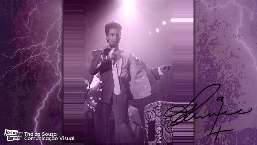 Ao centro, o cantor Prince em uma performance. Ao fundo, raios e trovões. O roxo é a cor predominante na imagem.