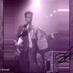 Ao centro, o cantor Prince em uma performance. Ao fundo, raios e trovões. O roxo é a cor predominante na imagem.
