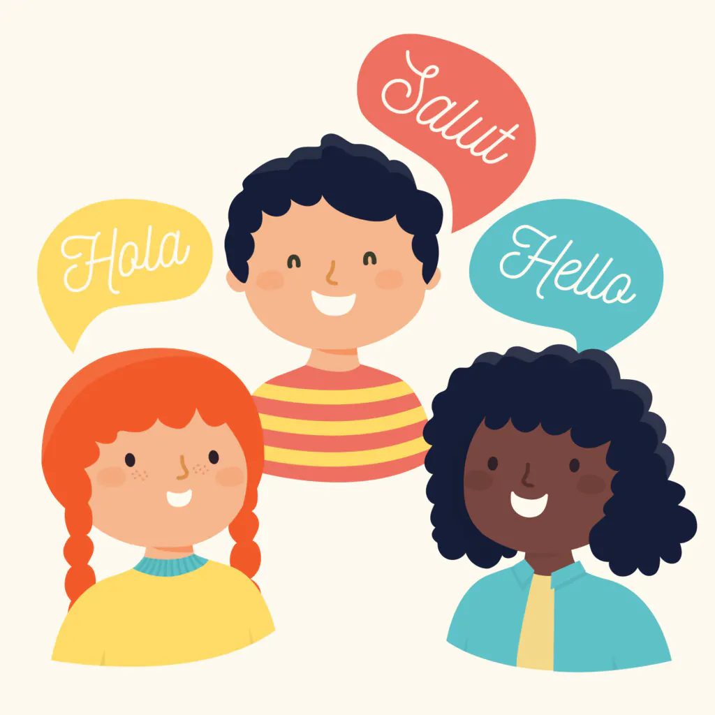 Desenho de 3 crianças conversando em diferentes línguas.