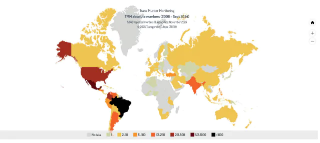 Mapa de países que mais matam pessoas trans no mundo