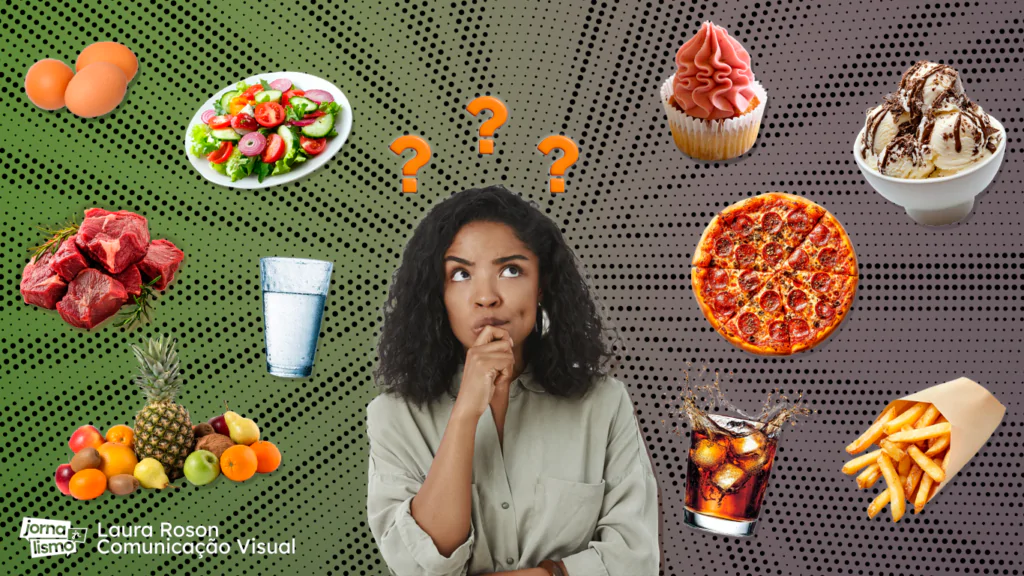 Mulher com expressão de dúvida rodeada de alimentos