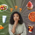Mulher com expressão de dúvida rodeada de alimentos