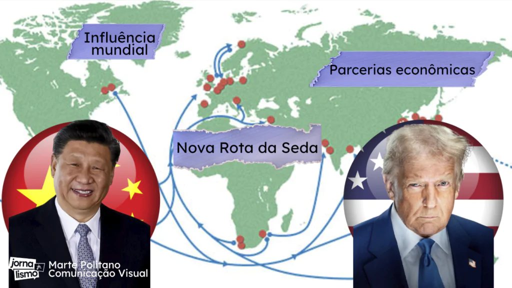 Na imagem, o presidente da China Xi-Jinping e o presidente dos Estados Unidos, Donald Trump com o mapa mundi ao fundo