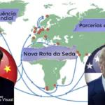 Na imagem, o presidente da China Xi-Jinping e o presidente dos Estados Unidos, Donald Trump com o mapa mundi ao fundo