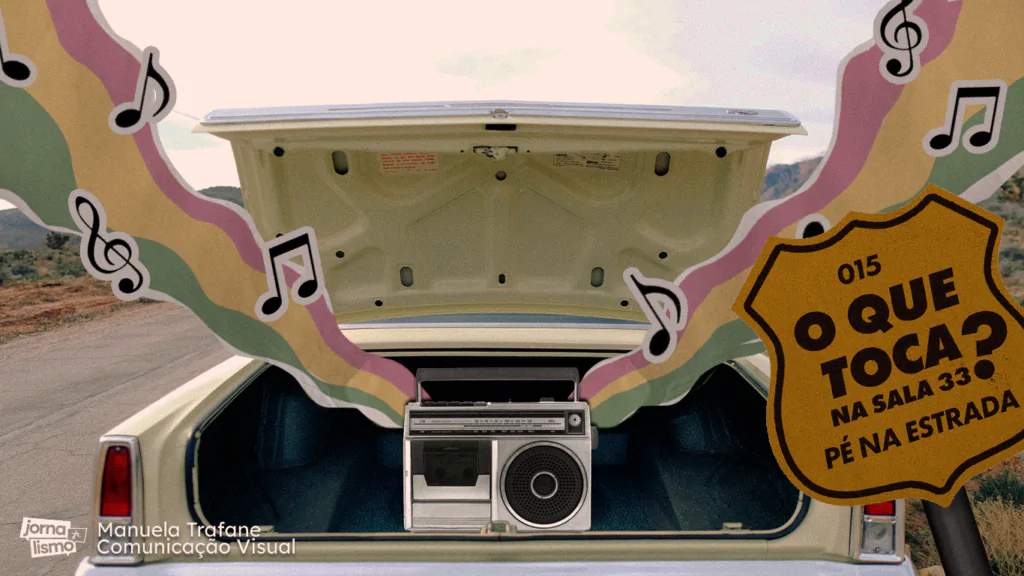 a imagem mostra o porta malas de um carro com uma caixa de som dentro dele. Ele solta arco-íris que representa a sonoridade da música e notas musicais acompanham as ondas