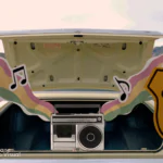 a imagem mostra o porta malas de um carro com uma caixa de som dentro dele. Ele solta arco-íris que representa a sonoridade da música e notas musicais acompanham as ondas