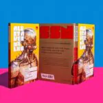 Capa de livro amarelo com fundo nas cores rosa e azul