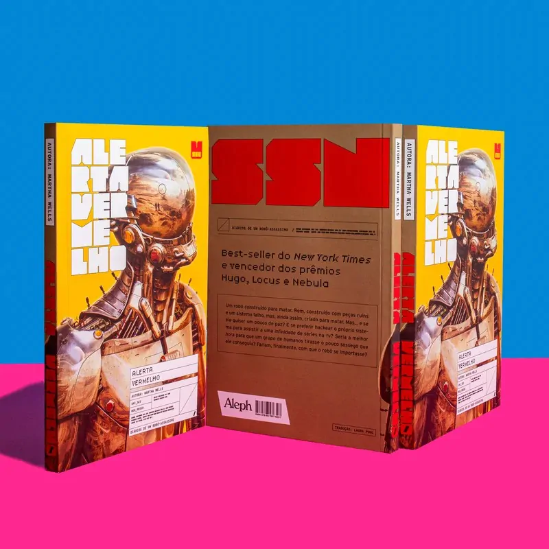 Capa de livro amarelo com fundo nas cores rosa e azul