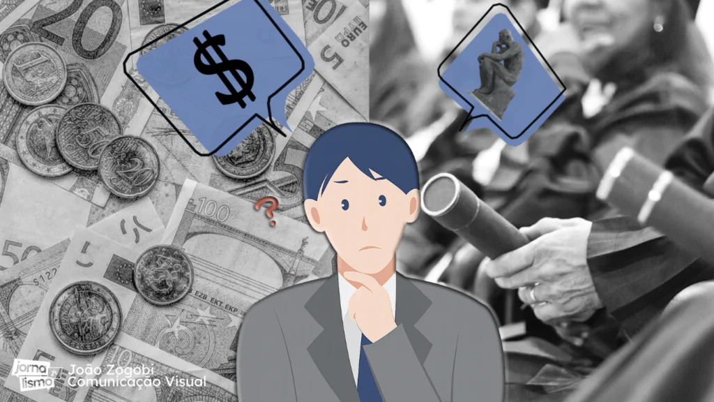 Na imagem, uma ilustração de um jovem ao centro em dúvida entre o diploma uniersitário e uma vida financeira falsa