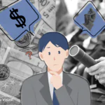 Na imagem, uma ilustração de um jovem ao centro em dúvida entre o diploma uniersitário e uma vida financeira falsa