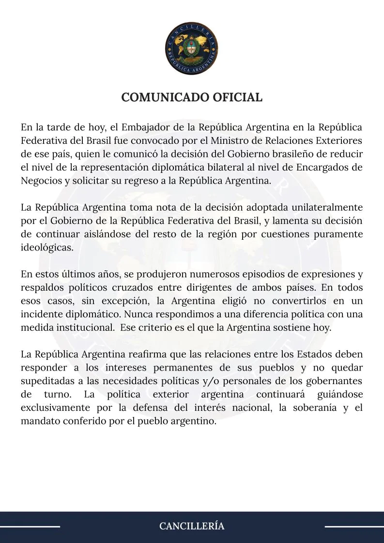 Na imagem, Nota publicada no perfil oficial da Chancelaria Argentina via X
