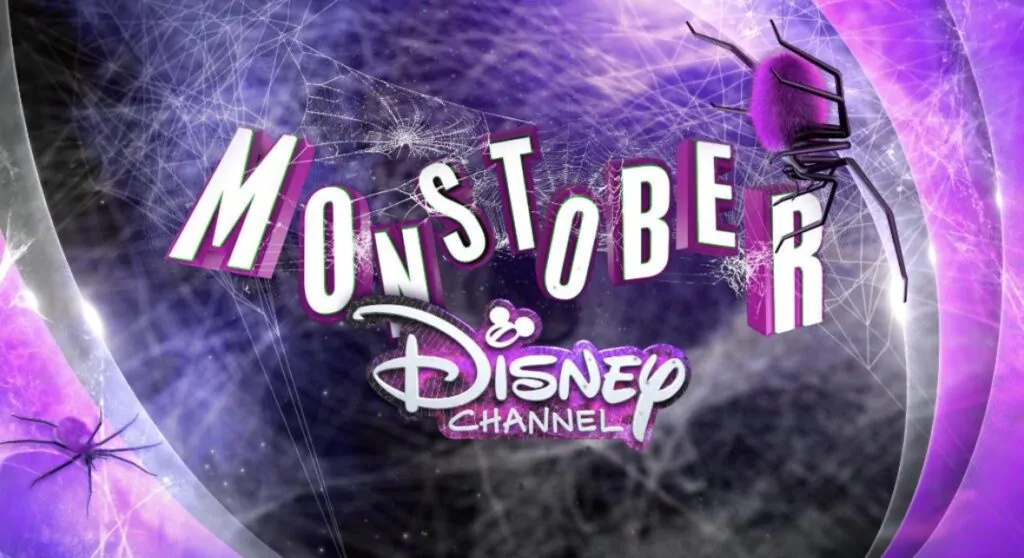 Logotipo promocional do especial Monstober do Disney Channel com teias de aranha e aranhas roxas.