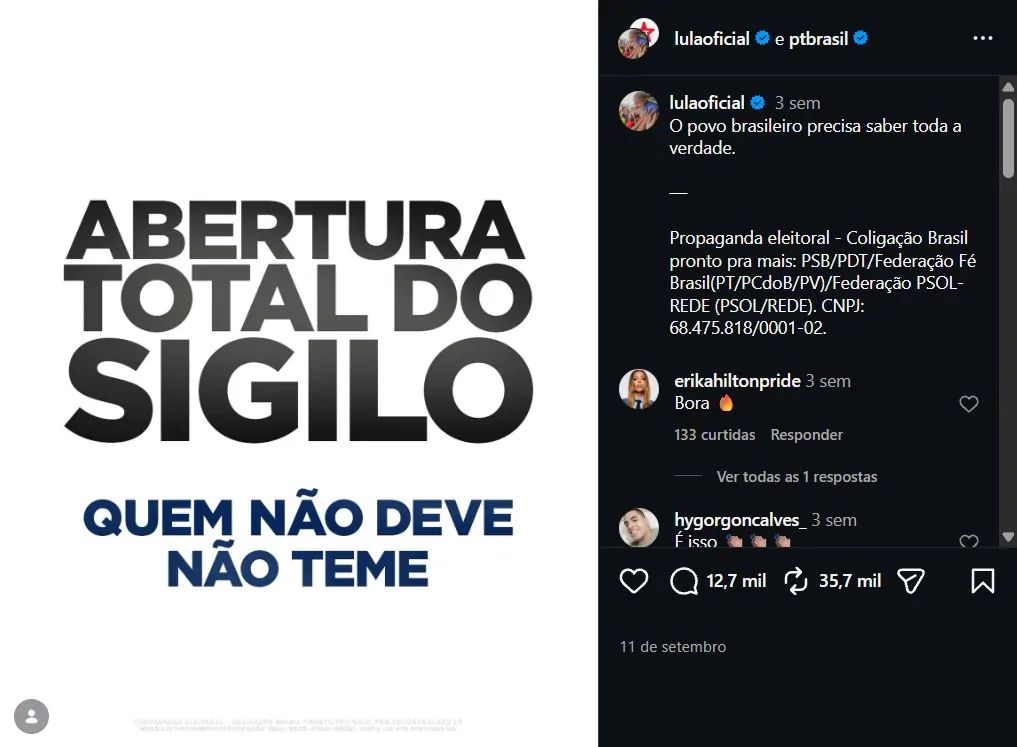 Print do instagram com a campanha eleitoral de Lula